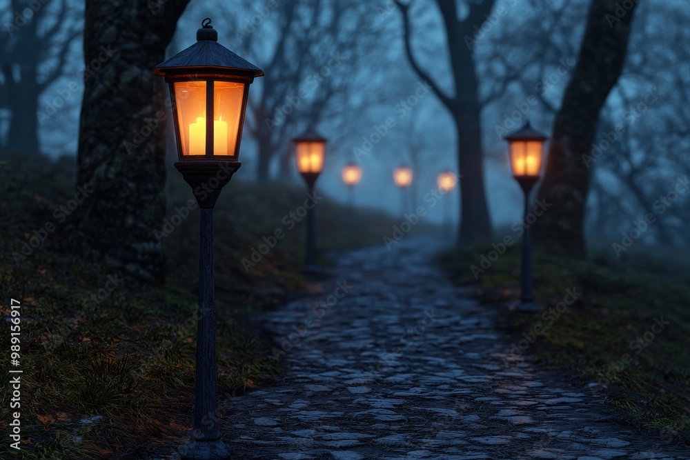 Spooky forest path, flickering lanterns, ominous fog, 3D illustration Spooky forest path, flickering lanterns, ominous fog, 3D illustration