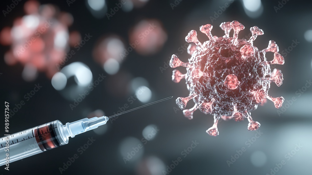 Close-up of a syringe targeting a COVID-19 virus particle, representing the fight against coronavirus with vaccination. Close-up of a syringe targeting a COVID-19 virus particle, representing the fight against coronavirus with vaccination.