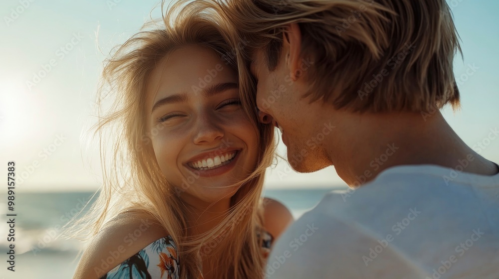 Close up portrait of blonde man and woman model couple on the beach feeling happy Close up portrait of blonde man and woman model couple on the beach feeling happy