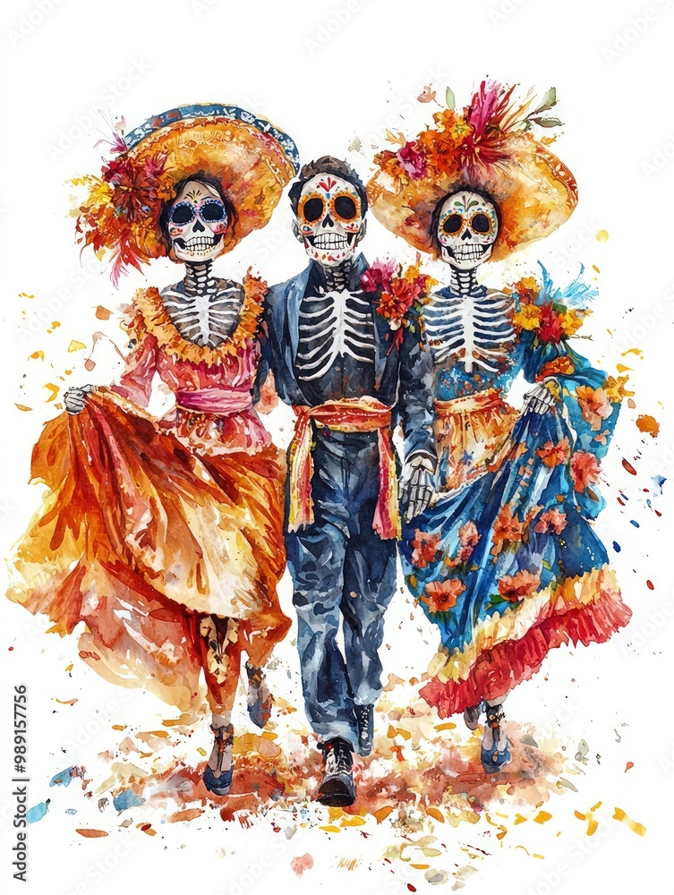 Fototapeta premium Three skeletons in colorful traditional attire celebrate, embodying the vibrant spirit of Día de los Muertos with decorative elements and floral patterns.