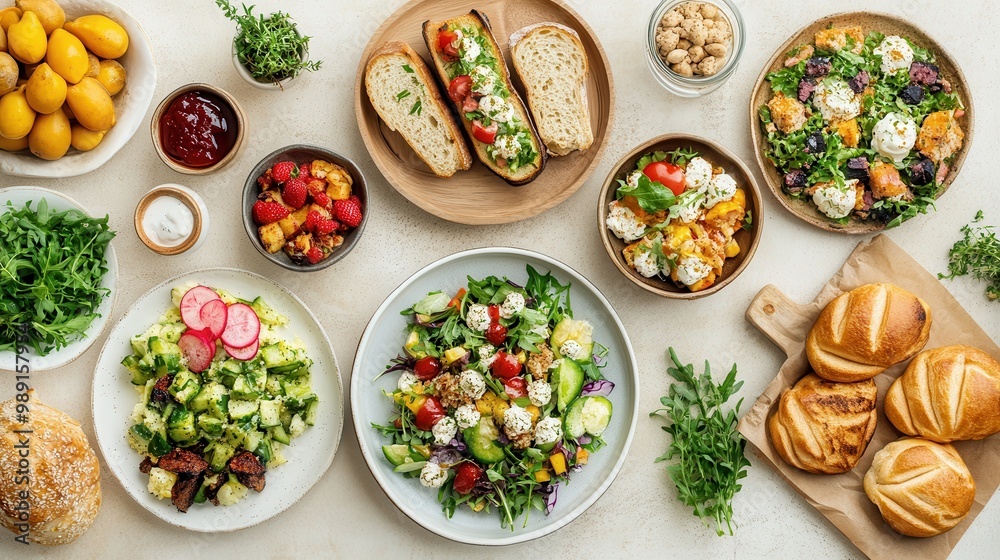 A vibrant spread of fresh salads, sandwiches, and pastries on a table. A vibrant spread of fresh salads, sandwiches, and pastries on a table.