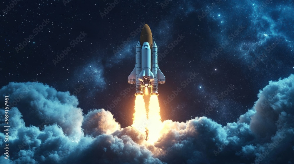 Fototapeta premium Rocket launch into space surrounded by clouds and stars at night