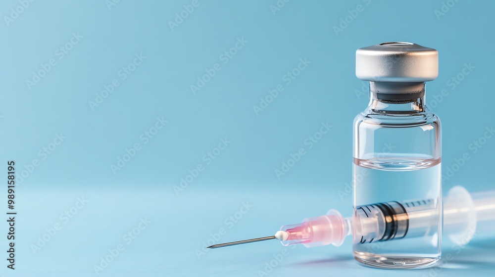 Medical syringe with vaccine vial on light blue background, representing healthcare, medicine, vaccination, and immunization. Medical syringe with vaccine vial on light blue background, representing healthcare, medicine, vaccination, and immunization.
