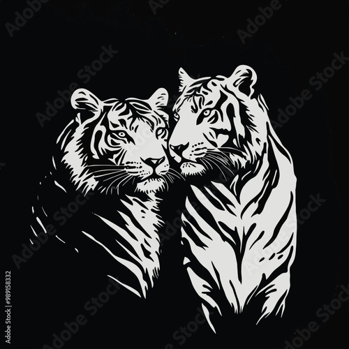   painting of  tigers in a black and white