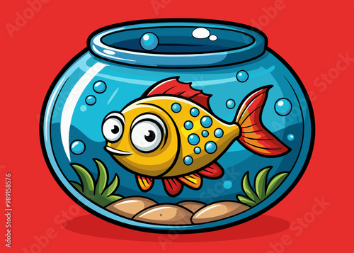 cartoon vector illustration of fish in a fishbowl, red isolated background, aquarium