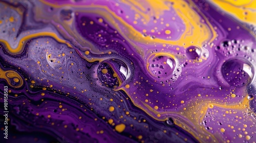 Purple and yellow soap bubbles in paint create an abstract design suitable for a colorful background.