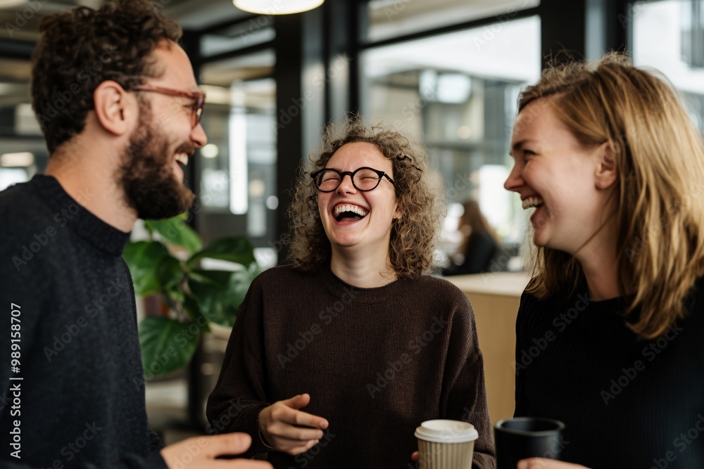 Boosting Team Morale: Diverse Colleagues Enjoying a Break in Modern Office Kitchen, Fostering Positive Work Environment Boosting Team Morale: Diverse Colleagues Enjoying a Break in Modern Office Kitchen, Fostering Positive Work Environment