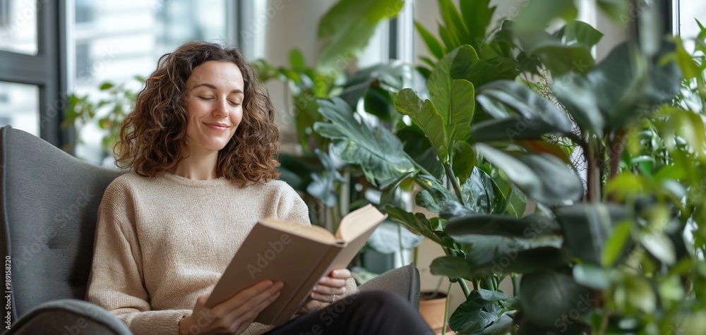 Serene Office Break Women Relaxing with a Book in Peaceful Lounge Surrounded by Lush Plants and Cozy Furniture Serene Office Break Women Relaxing with a Book in Peaceful Lounge Surrounded by Lush Plants and Cozy Furniture
