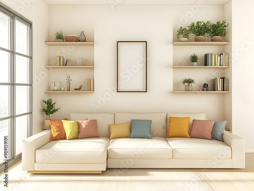 Bright and airy contemporary living room with a modular sofa minimalist built in shelving and pops of color