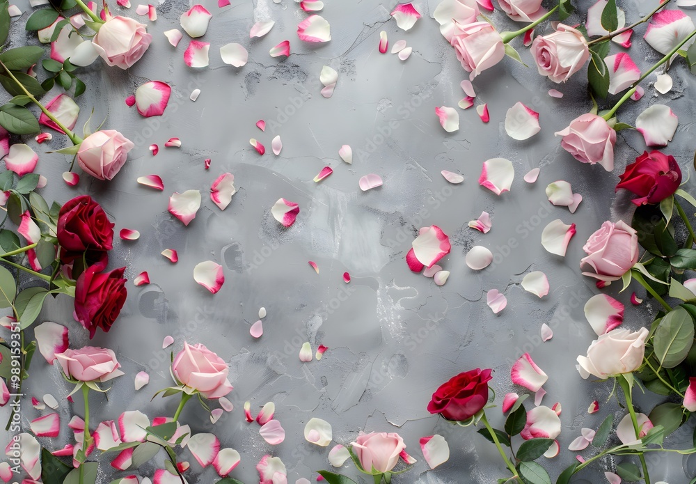 Floral Frame with Pink and Red Roses on Grey Background Floral Frame with Pink and Red Roses on Grey Background