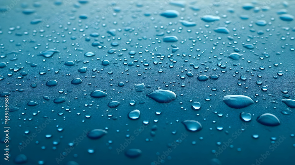 Water Drops on a Blue Surface, Macro Photography, Abstract Background Water Drops on a Blue Surface, Macro Photography, Abstract Background