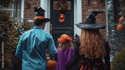 Rear view of a family dressed up in costume for Halloween
