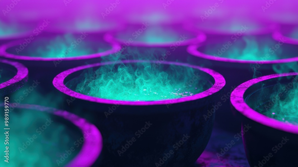 AI-generated holographic witches' cauldrons bubbling with glowing digital smoke, futuristic, cyber, neon green and purple lighting, minimalistic. ,closes up AI-generated holographic witches' cauldrons bubbling with glowing digital smoke, futuristic, cyber, neon green and purple lighting, minimalistic. ,closes up