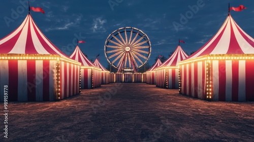 Spooky carnival with abandoned rides and haunted tents, 3D illustration