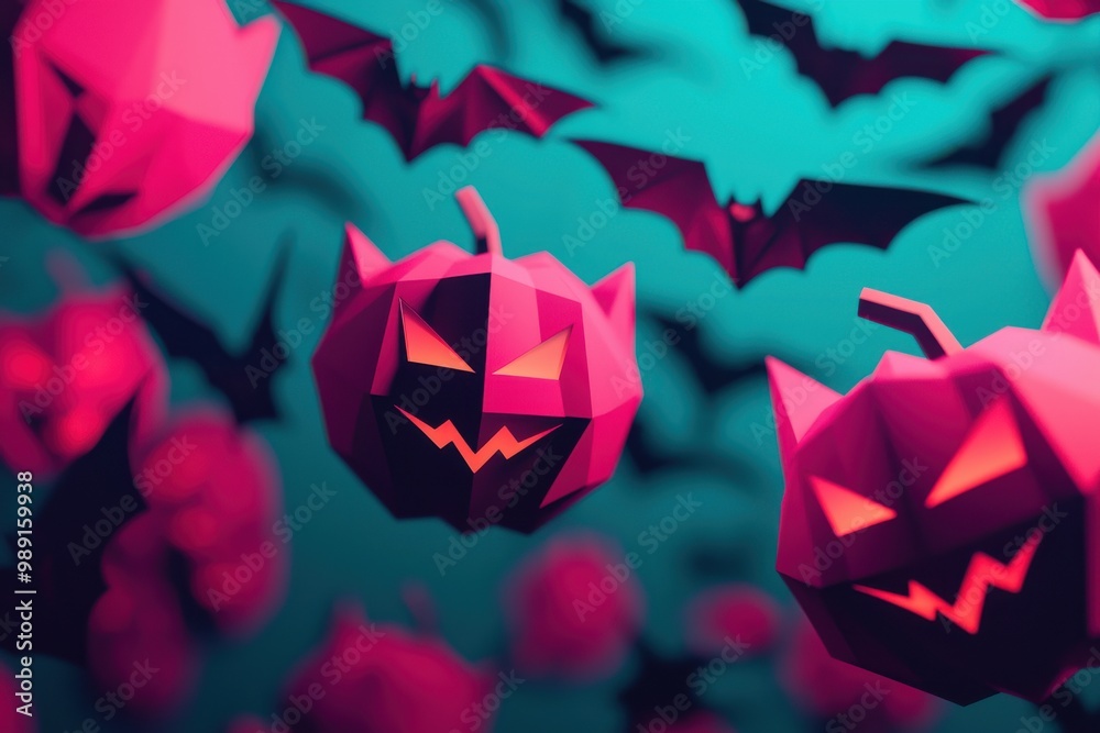 Obraz premium Minimalist Halloween decorations with glowing geometric pumpkins, digital bats flying above, and sleek holographic cobwebs, futuristic, monochrome, sharp contrasts. ,closes up
