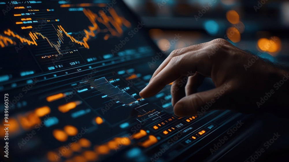 Investor interacting with a digital liquidity meter for money market funds, precise control, financial management Investor interacting with a digital liquidity meter for money market funds, precise control, financial management