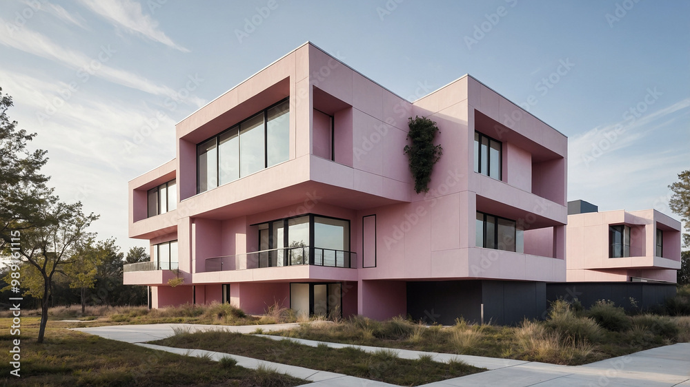 Modern pink architectural house with large glass windows and a minimalist design under a clear blue sky. Modern pink architectural house with large glass windows and a minimalist design under a clear blue sky.