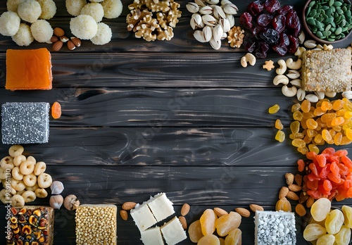 Chag Mellon Sweets & Dried Fruits Flat Lay photo