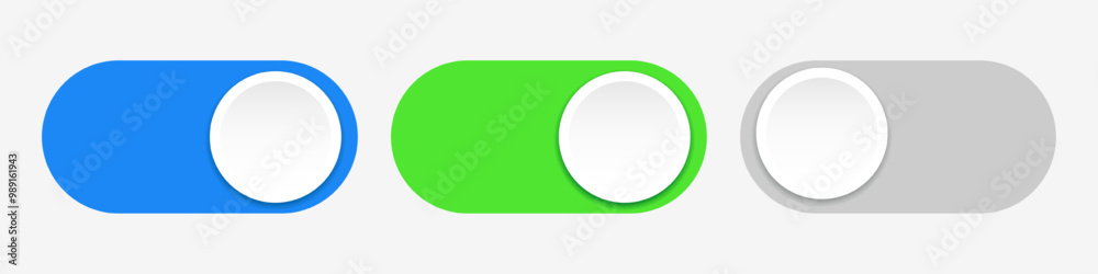 Three vector on and off buttons. Realistic on and off sliders. Buttons on isolated background for your design. Vector EPS 10 Three vector on and off buttons. Realistic on and off sliders. Buttons on isolated background for your design. Vector EPS 10