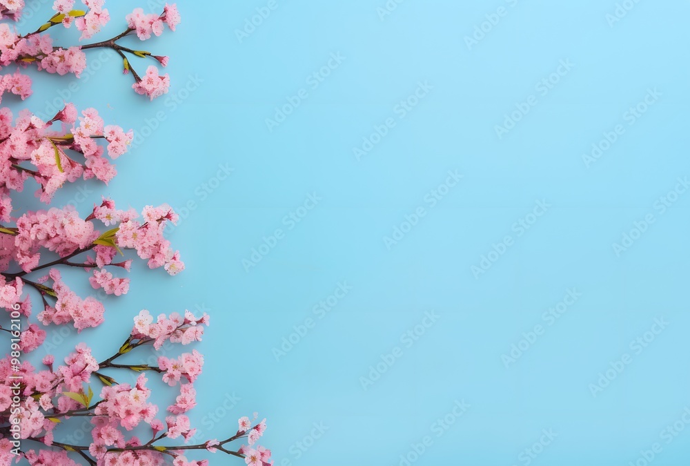 Fototapeta premium Pink Flowers Bordering Blue Background for Easter and Mother's Day
