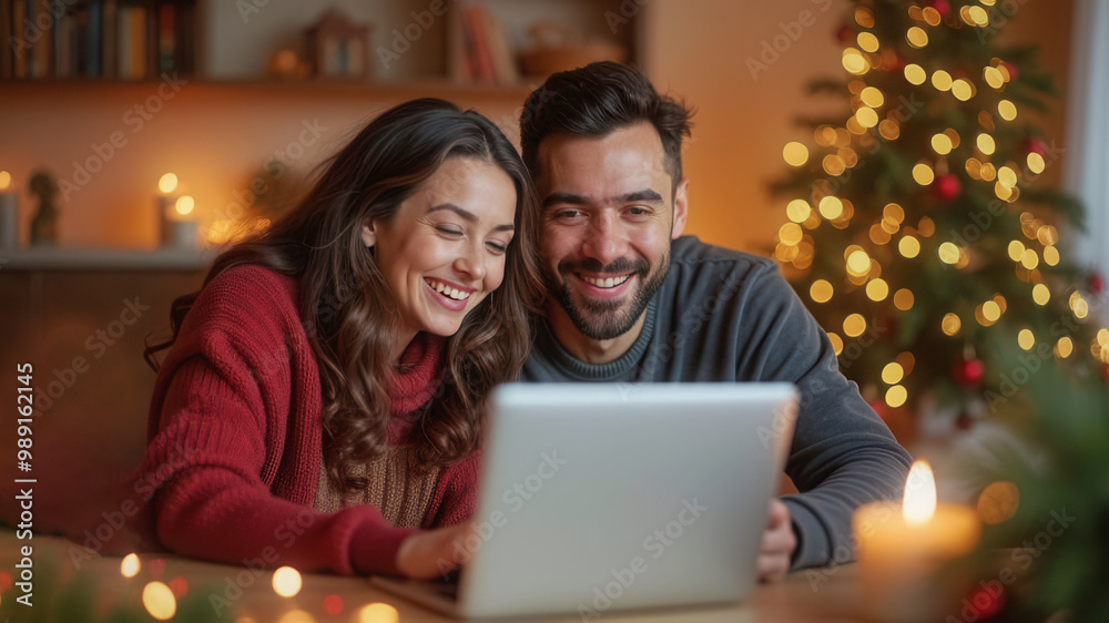 Happy couple talking to family and friends via computer during the holidays