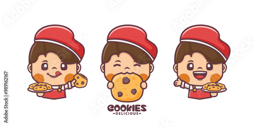 set of cartoon mascot with cookies
