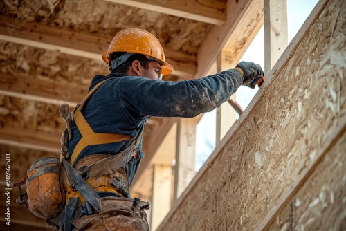Wallpaper Mural A construction worker wearing a helmet and working on the wooden frame of a house. He is holding a drill in his hand. Generative AI Torontodigital.ca