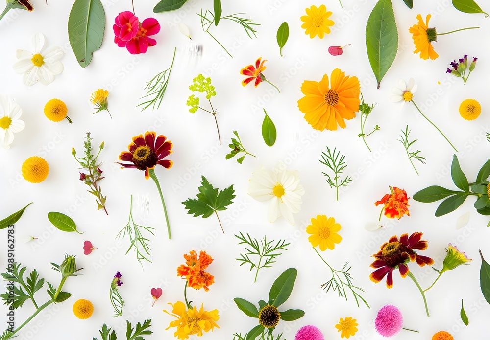 Obraz premium Colorful Wildflowers Flat Lay on White Background