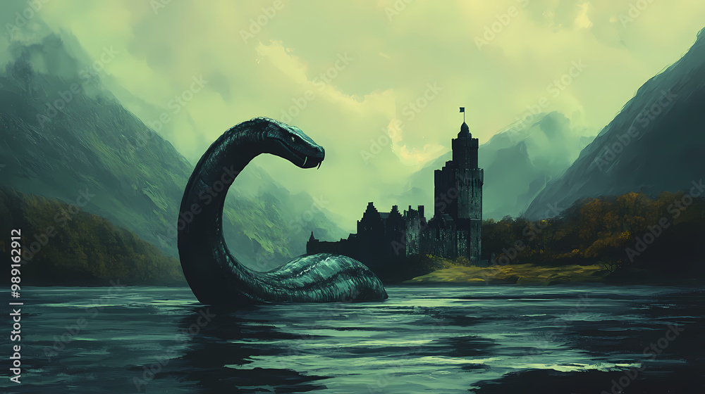 Fototapeta premium A famous mysterious creature called nessie lives in loch ness, a lake in scotland. it's often seen rising from the water, with a castle standing tall in the background. Sea Serpent. Illustration