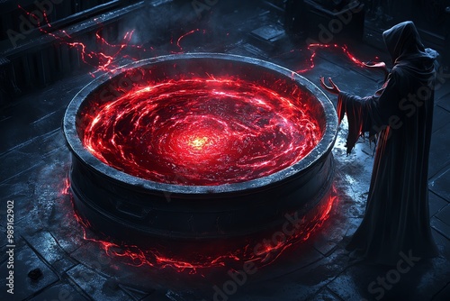 A bubbling black cauldron glowing with red light, as a figure in a dark cloak stands nearby, performing a sinister incantation, in a cauldron fantasy artwork illustration photo