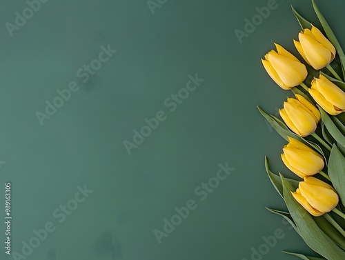 Minimalist Yellow Tulips on Green Background