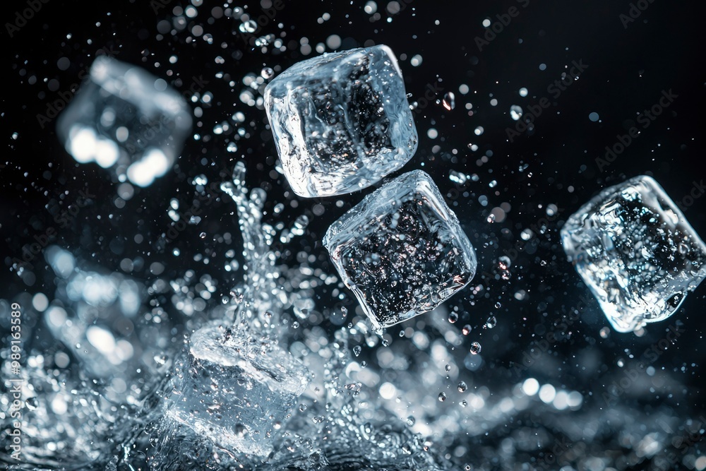 Ice Cubes Splashing in Water with Black Background Ice Cubes Splashing in Water with Black Background
