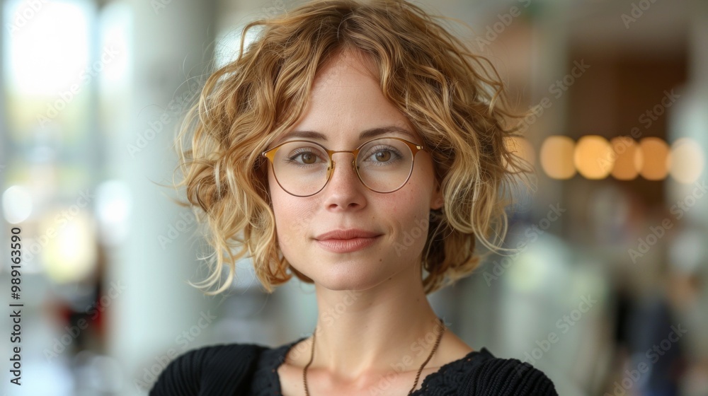 Cute German Project Manager Young Woman in her 40s with Very Short Curly Hair and Brown Eyes, Glasses, as a Professional Business Person at her Working Space Cute German Project Manager Young Woman in her 40s with Very Short Curly Hair and Brown Eyes, Glasses, as a Professional Business Person at her Working Space
