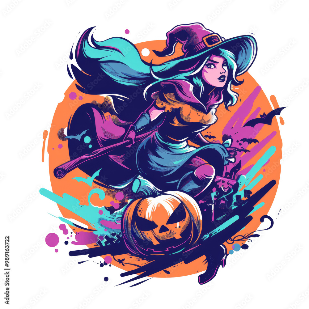 Fototapeta premium A witch with long teal hair flies on a broomstick over a jack-o-lantern in a colorful, abstract illustration.