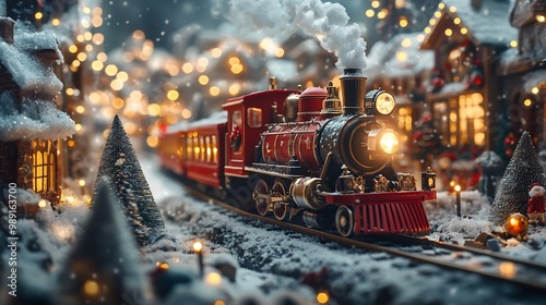 Santa's christmas train passing through festive village decorated with christmas lights and snowcovered rooftops holiday greeting card concept with joyful winter celebration