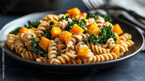 A warm, cozy plate of whole wheat pasta with roasted butternut squash, kale, and a garlic olive oil sauce photo