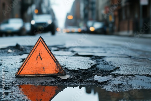 Patched asphalt, city street, warning triangle, road repair