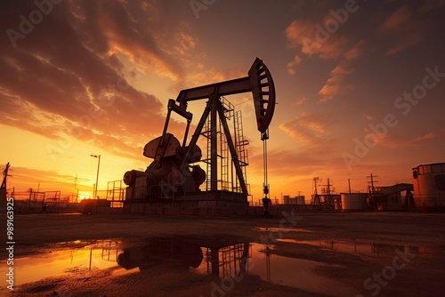 The oil pump jack is located in an industrial area with a beautiful sunset in the background. Generative AI photo