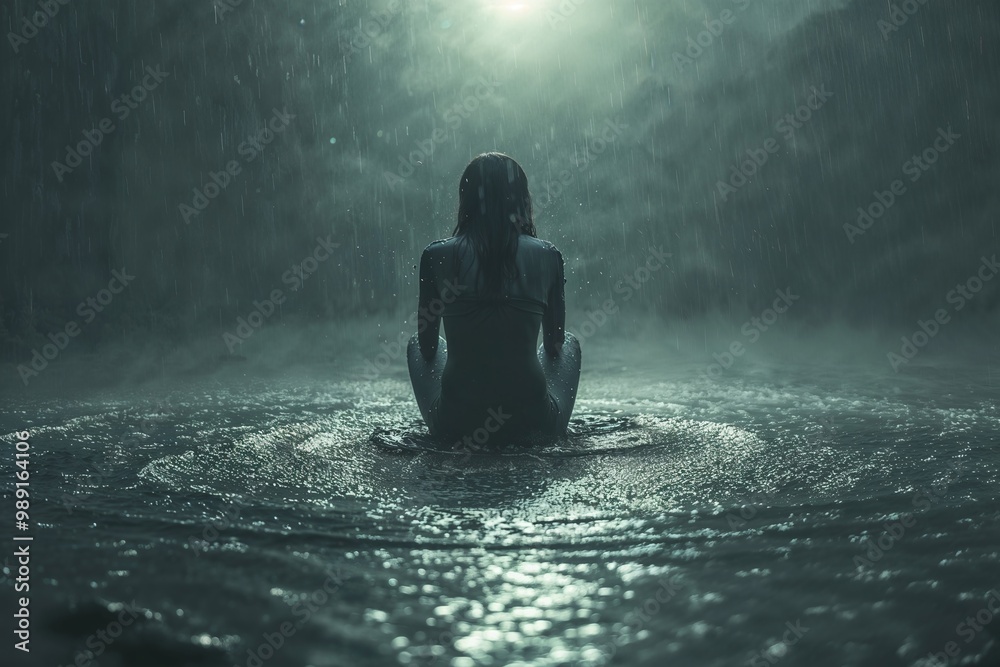 Obraz premium A solitary figure sits in the pouring rain, their back turned to the viewer, encapsulating a moment of reflection or desolation. Mental health concept. 