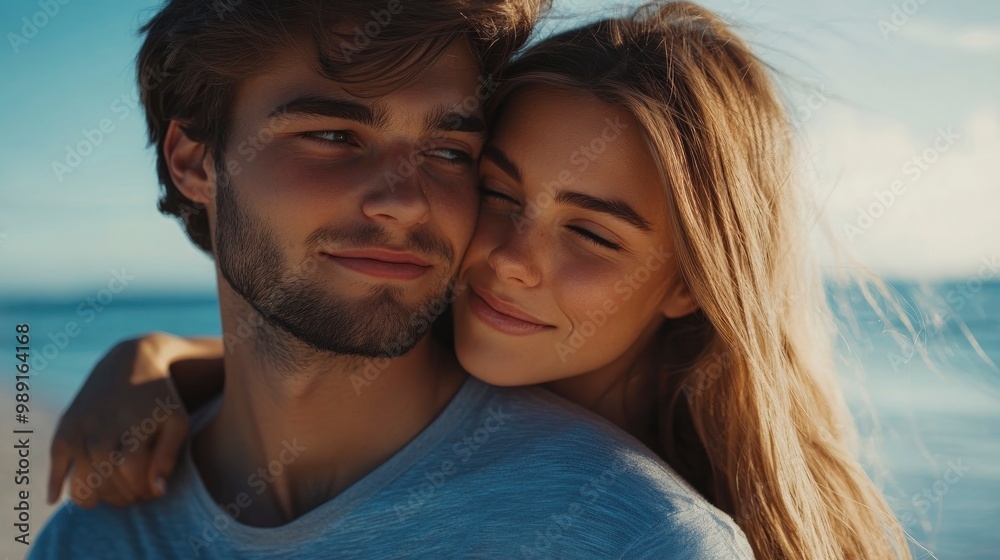Close up portrait of young man and woman model couple on the beach feeling lovely Close up portrait of young man and woman model couple on the beach feeling lovely
