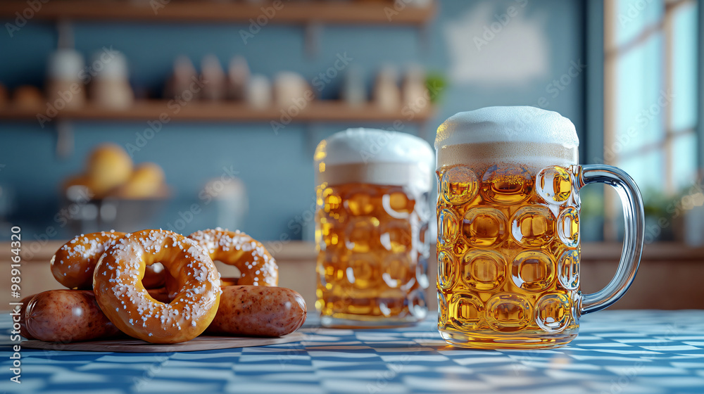 Beer mugs with pretzels and sausages in Oktoberfest concept Beer mugs with pretzels and sausages in Oktoberfest concept