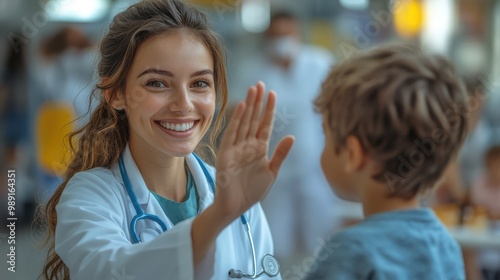 Happy Doctor with Stethoscope High Fiving Young Patient