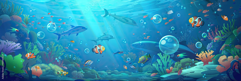 Aqua Adventure: An underwater-themed game show backdrop with a blue and green color scheme, featuring schools of fish swimming by, coral reefs, and bubbles floating up to the surface, transporting the Aqua Adventure: An underwater-themed game show backdrop with a blue and green color scheme, featuring schools of fish swimming by, coral reefs, and bubbles floating up to the surface, transporting the