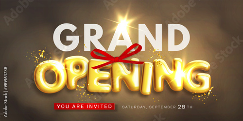 Opening ceremony. Grand opening banner with realistic glossy 3d text and decorative red bow on dark smoky background. Advertising design template for poster, flyer, social media. Vector illustration