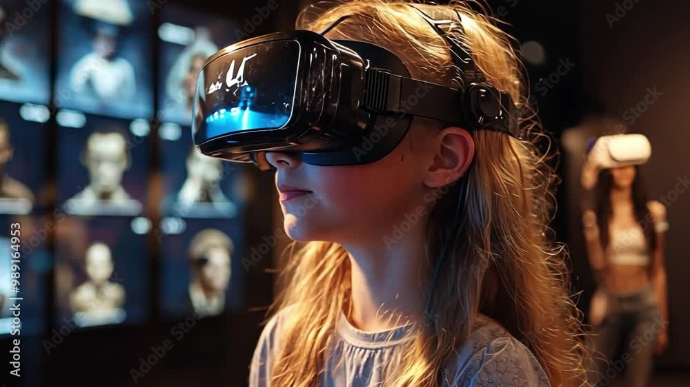 A virtual reality museum where children can participate in the stories themselves, adorned in womanly virtual reality glasses. A virtual reality museum where children can participate in the stories themselves, adorned in womanly virtual reality glasses.
