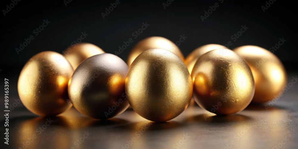 Shiny golden eggs resting on a dark surface Shiny golden eggs resting on a dark surface