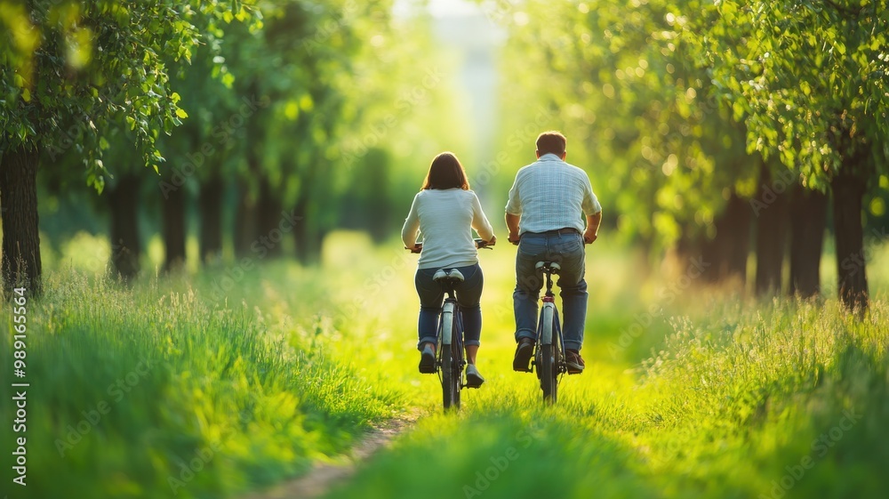 Obraz premium Young Couple Biking Through a Lush Tree-Lined Path