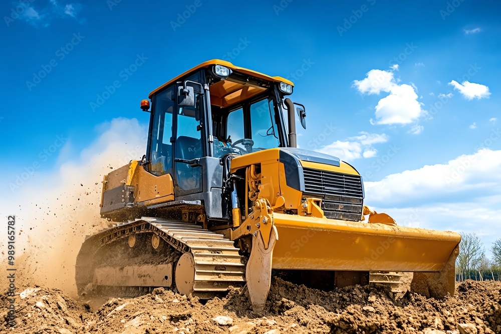 A bulldozer clearing land for a new development, with dust and dirt flying as the earth is moved A bulldozer clearing land for a new development, with dust and dirt flying as the earth is moved
