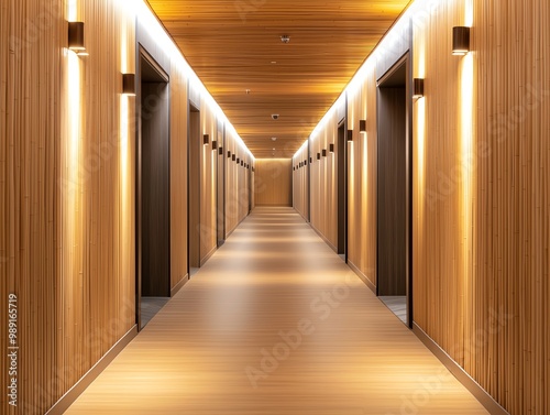 Modern hotel corridor with wooden accents