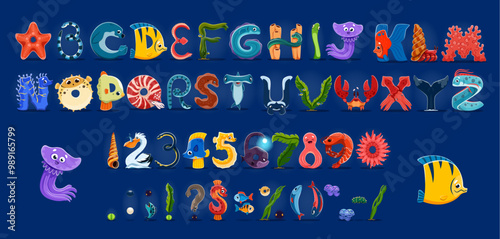 Sea animal alphabet, underwater font, ocean type. Cartoon funny english alphabet letters font with vector marine fish, whale and shark, jellyfish, crab, octopus and squid animals, kids abc characters